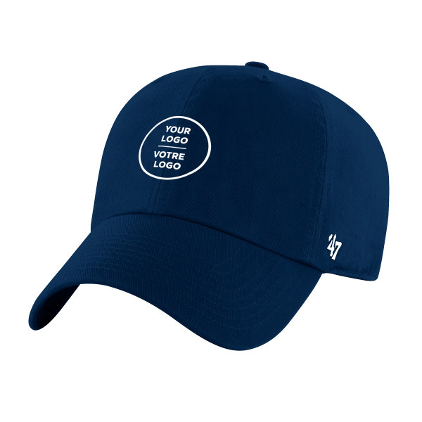 Navy 47 Brand Clean Up baseball cap with curved brim, featuring a round Your Logo - Votre Logo design. A customer favorite from our best sellers collection.