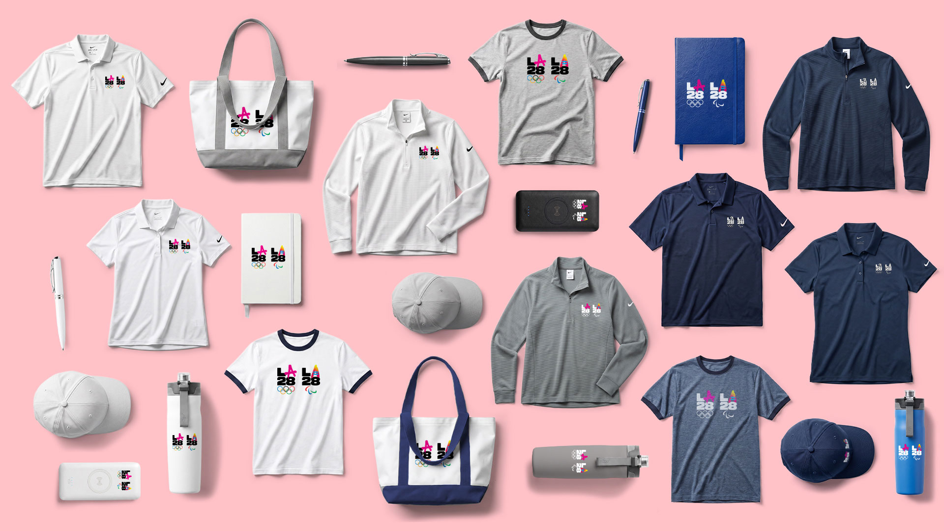 Flat lay of branded product for recruiting events - includes a bag with merchandise spilling out of it