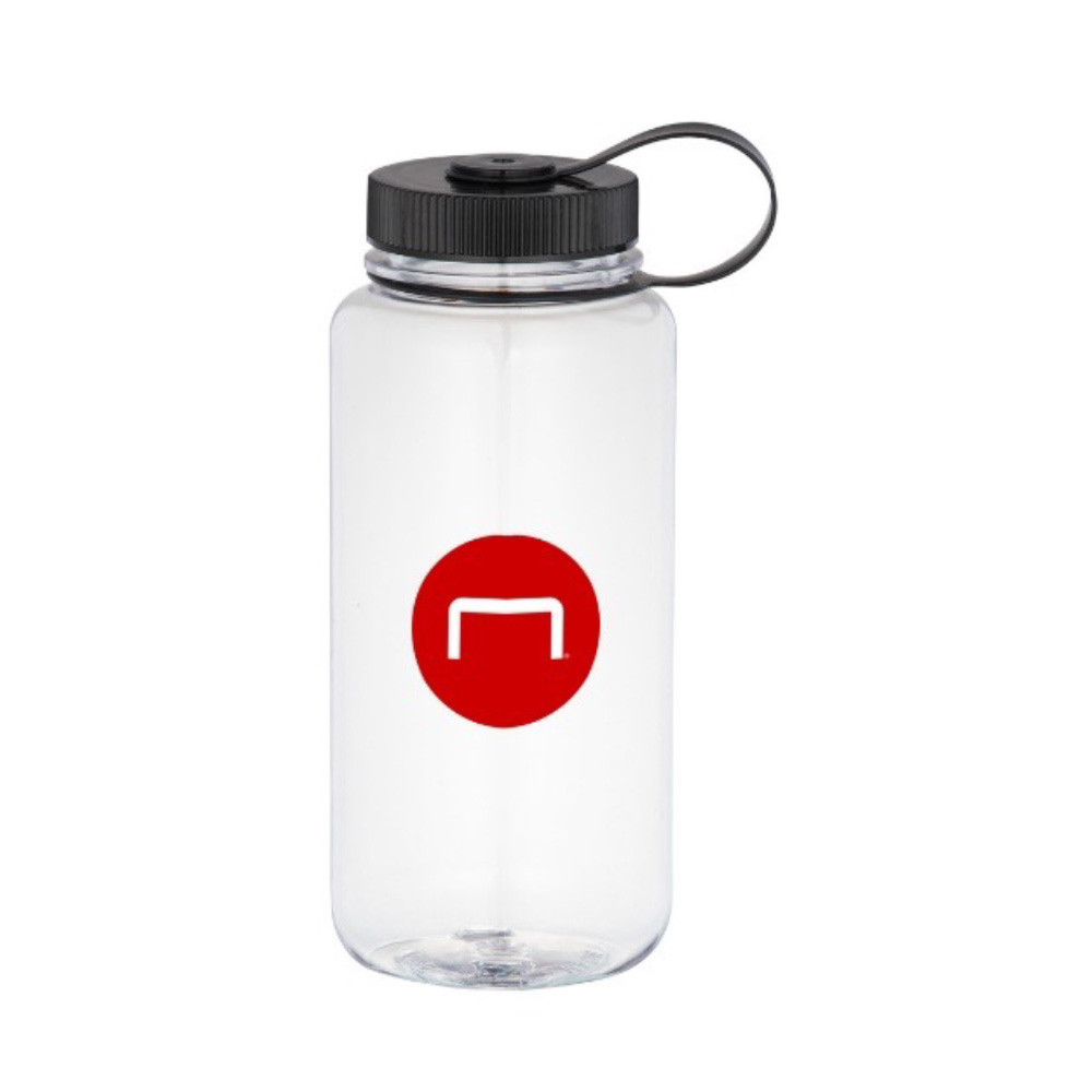 Custom water bottle with a full-sized red circular Staples logo as a stand in for your brands logo