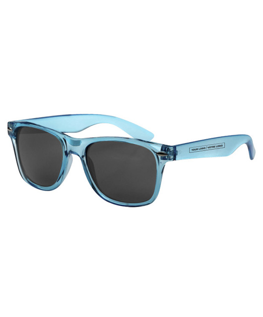 Light blue Malibu-style sunglasses with black lenses — a popular branded giveaway item