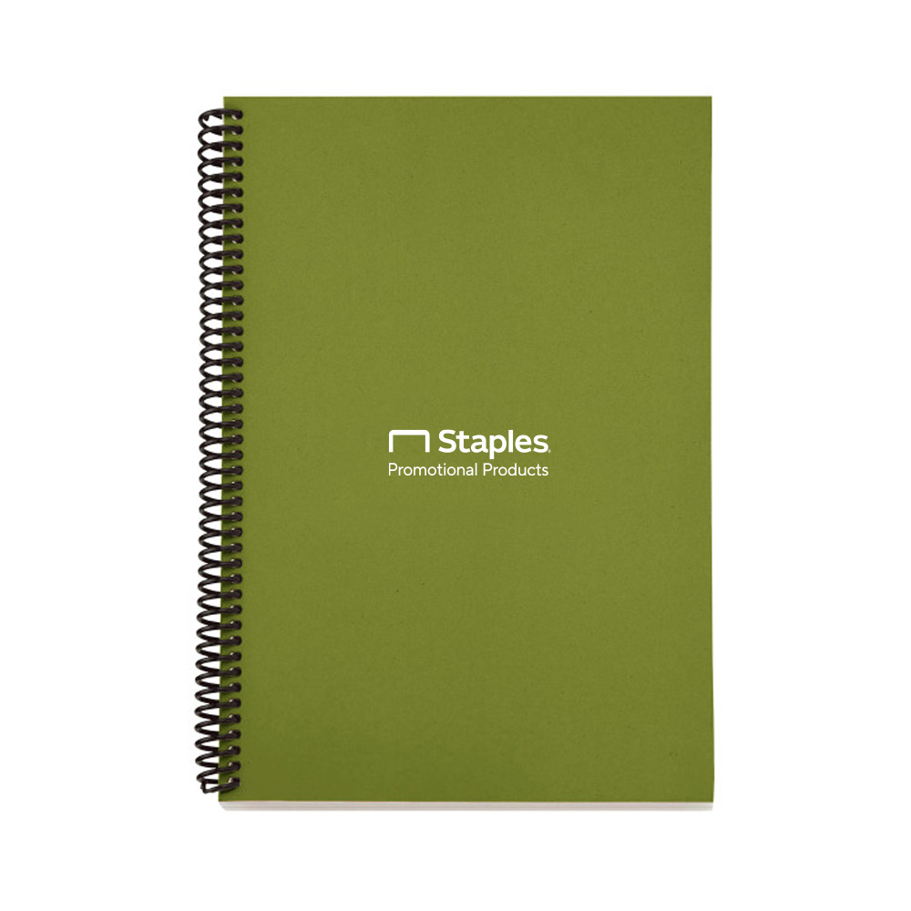 Custom green eco-friendly spiral notebook featuring a full-sized red circular Staples Promotional Products logo as a stand in for your brands logo.