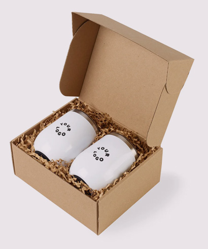 Kraft gift box containing two white stainless-steel wine tumblers with Your Logo — perfect for holiday or employee gifting.