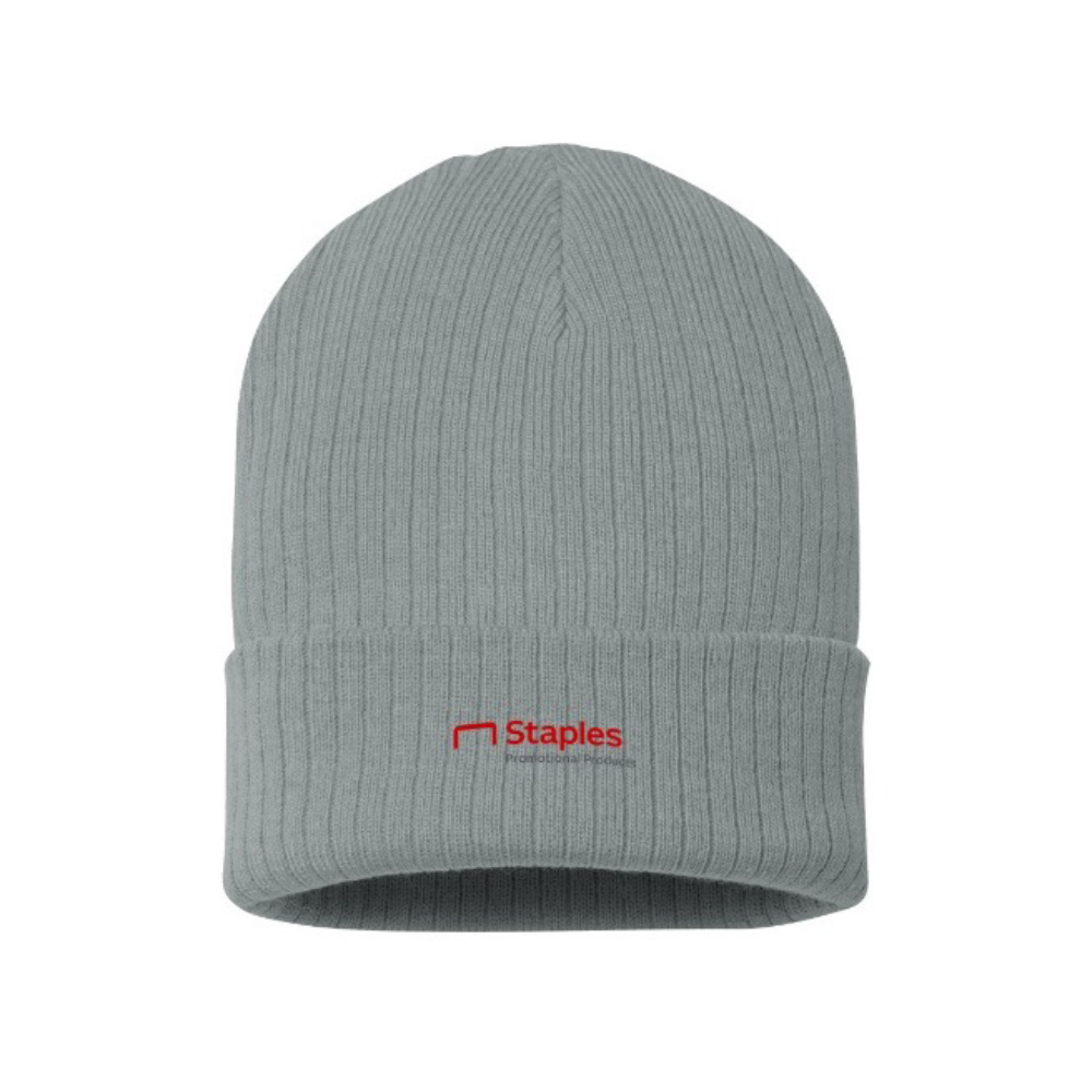 Grey custom embroidered toque with a horizontal Staples Promotional Products logo as a stand-in for your brand’s logo.