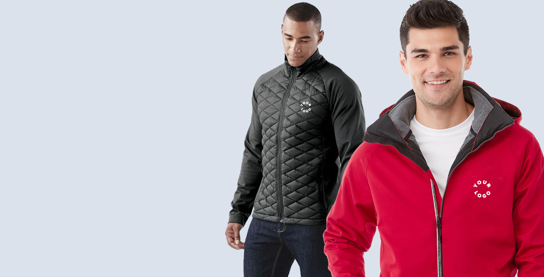 Two men wearing branded polos and zip-up shirts. options from the custom men’s apparel collection