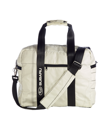 cream and black subaru branded bag